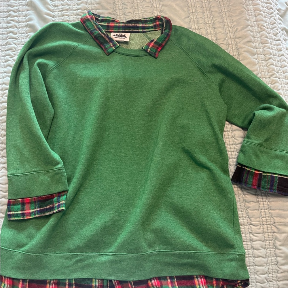 Green and Red Plaid Trim Sweatshirt